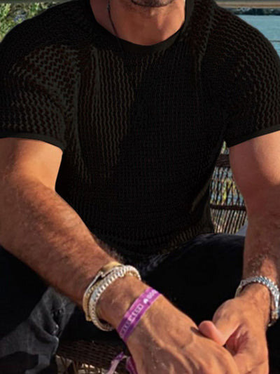 Men's Openwork Round Neck Short Sleeve T-Shirt for Style