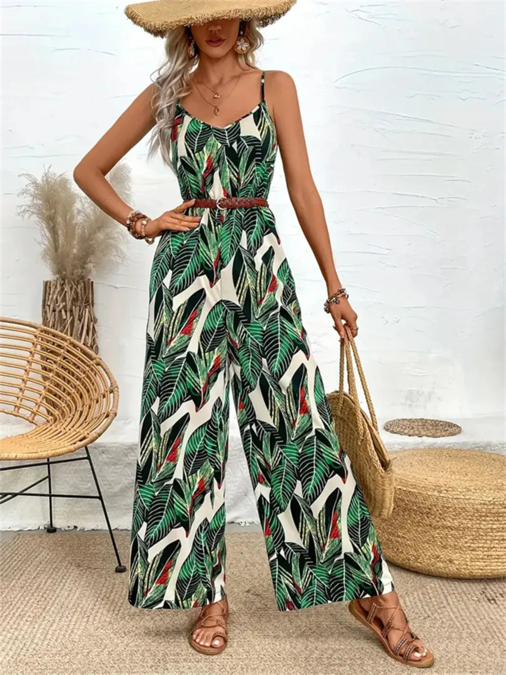 Tropical Print Spaghetti Strap Wide Leg Jumpsuit