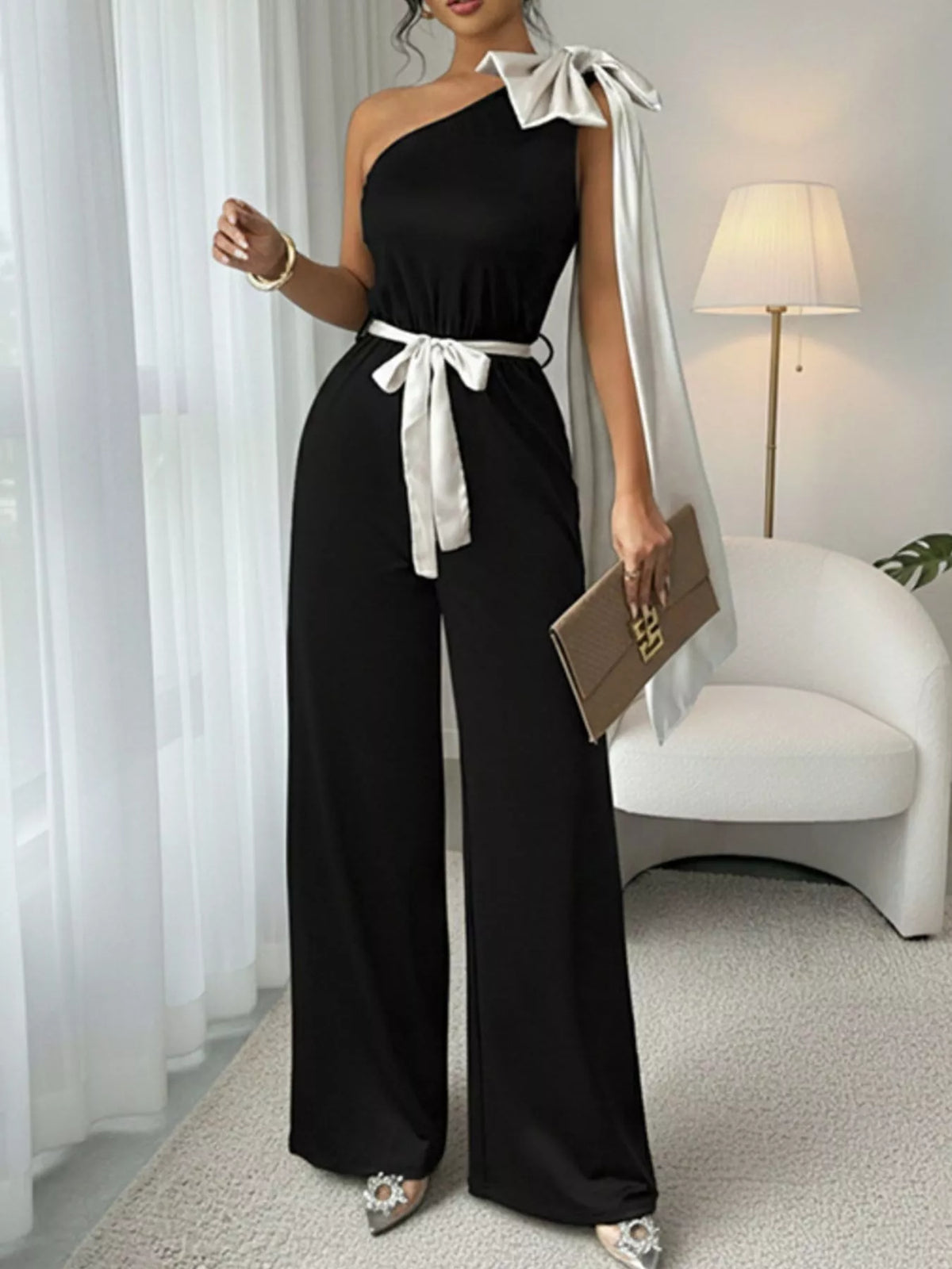 One-Shoulder Bowknot Wide Leg Jumpsuit
