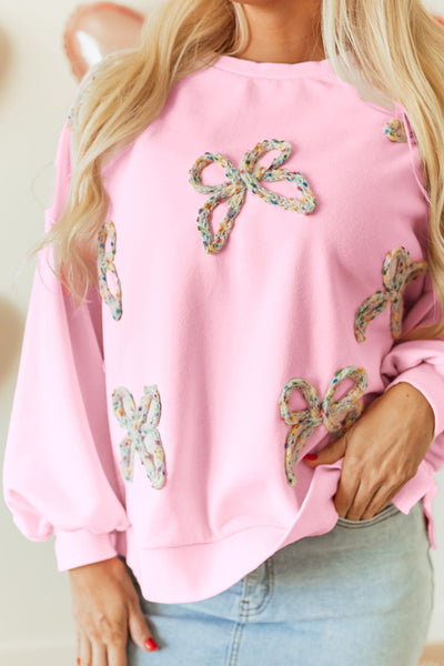 Chic Bow Round Neck Long Sleeve Sweatshirt in Soft Pink