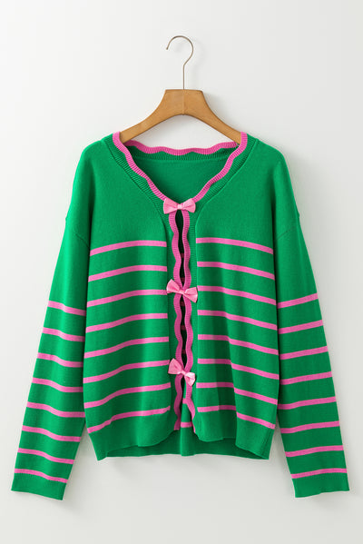 Chic Bow Striped V-Neck Cardigan - Cozy, Trendy, Fashionable