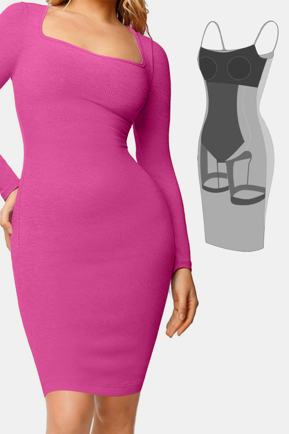 Sleek Black Long Sleeve Dress with Built-In Shapewear Elegance