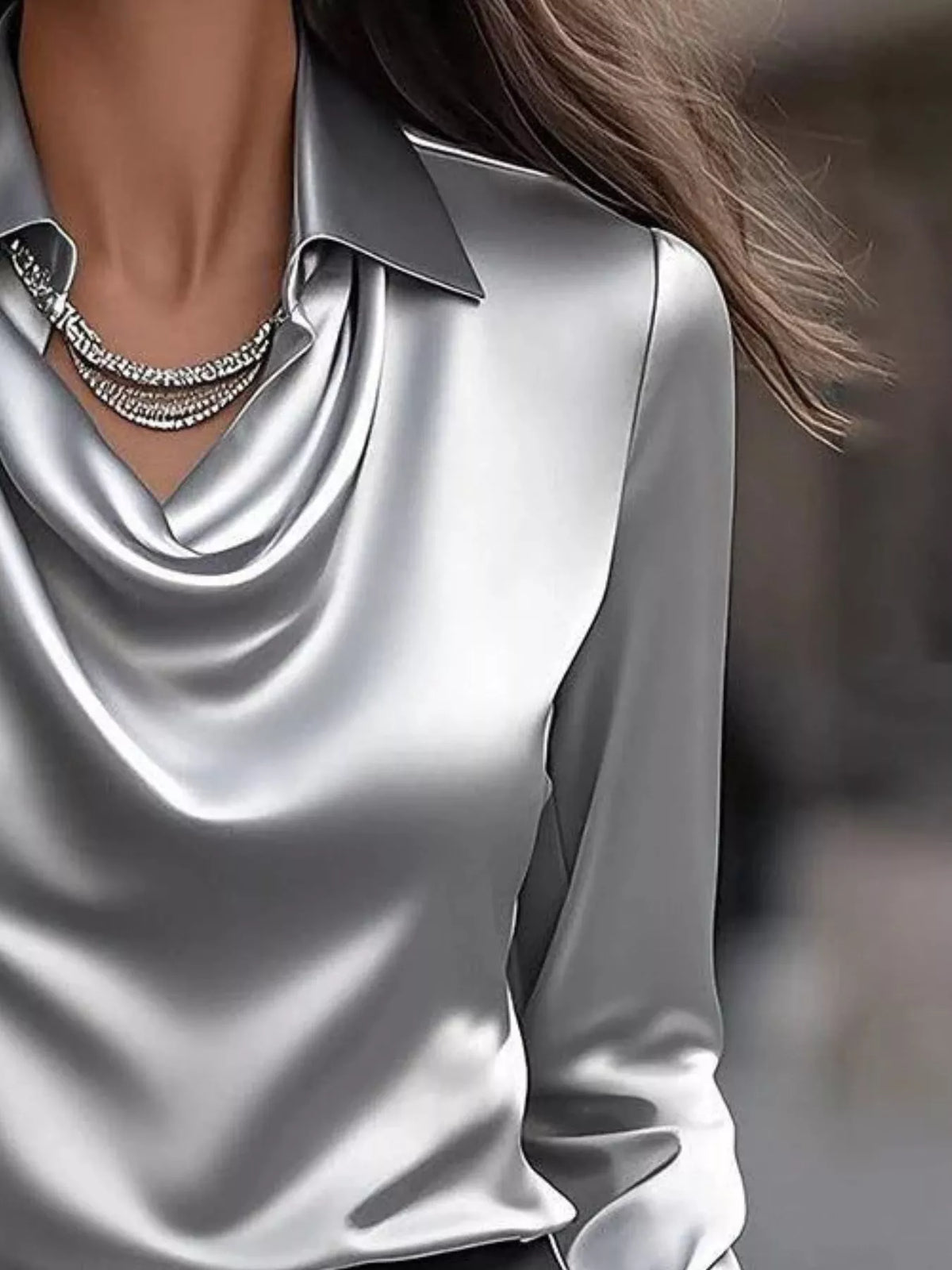 Ruched Long Sleeve Drape Collar Blouse