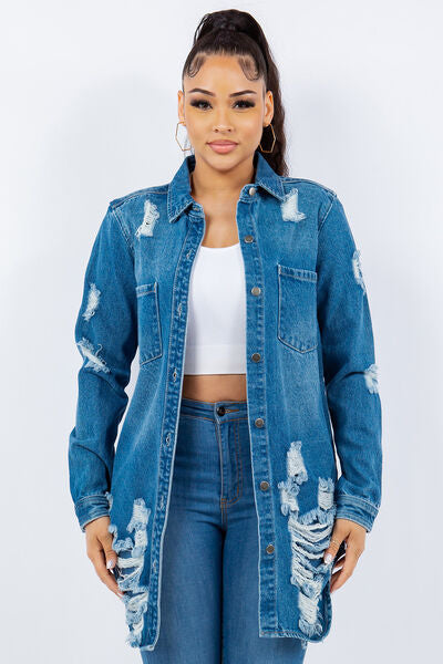Chic Distressed Denim Jacket - Trendy Button-Up Long Sleeve Style