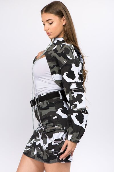 Women's Fashion Camouflage Cropped Jacket with Chains