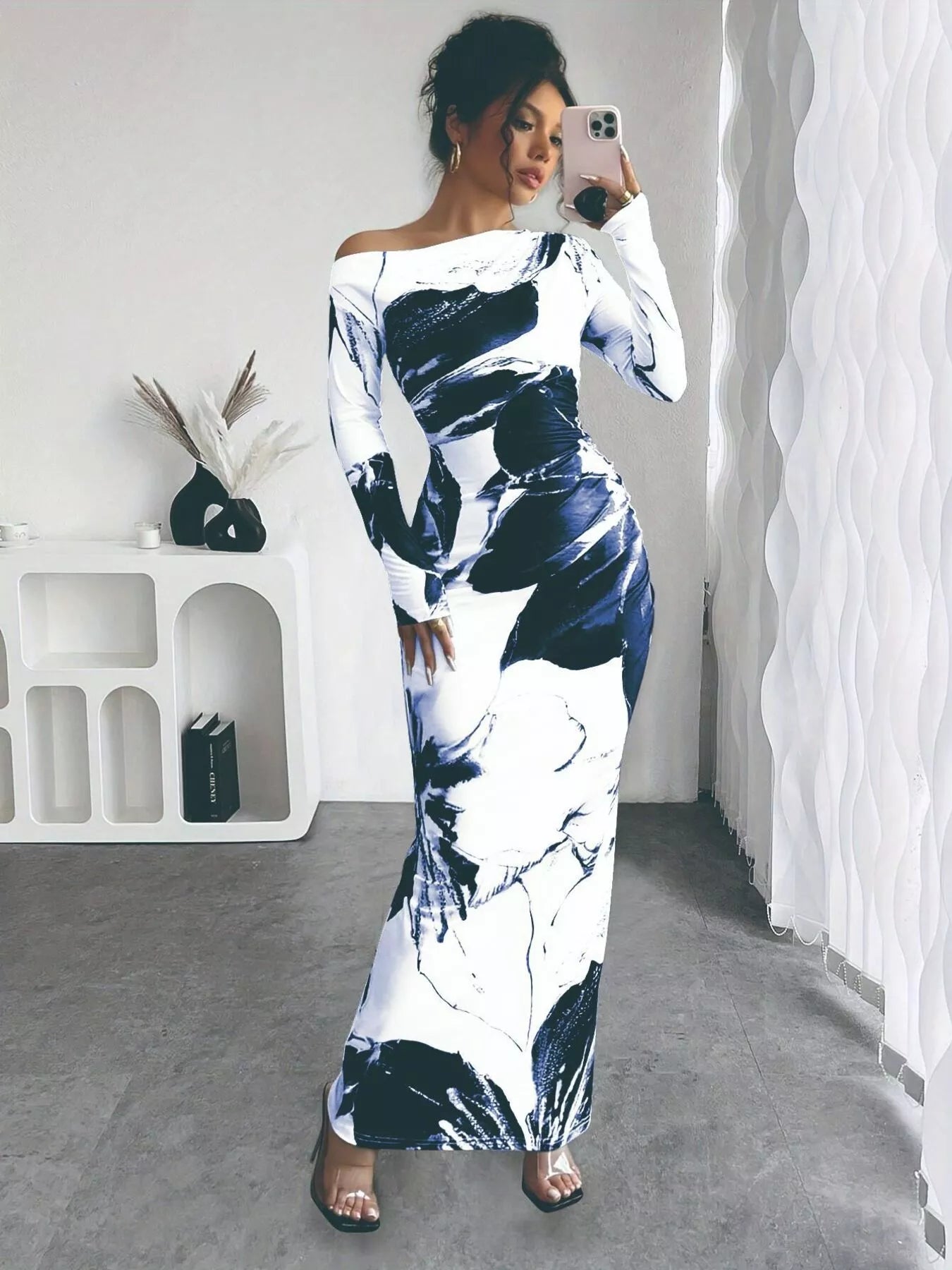 Floral One Shoulder Long Sleeve Maxi Dress