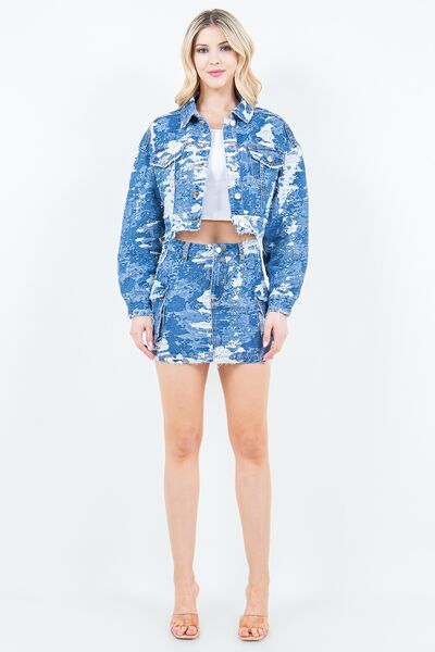 Women's Fashion Jacquard Trim Cropped Denim Jacket