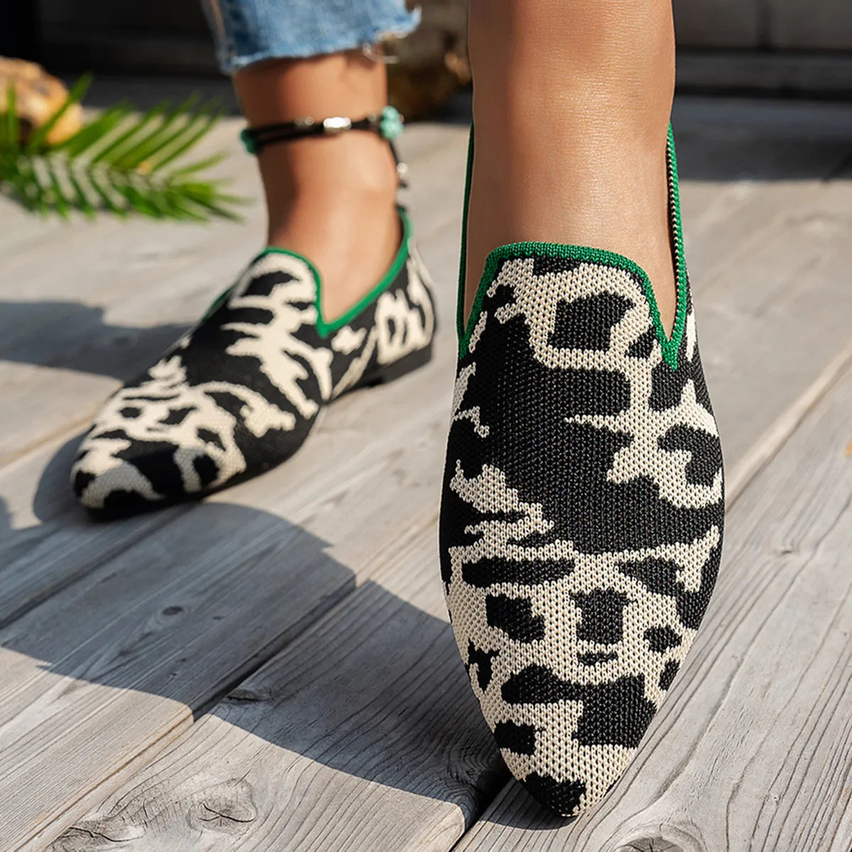 Point Toe Animal Print Knit Slip-On Loafers with Contrast Trim