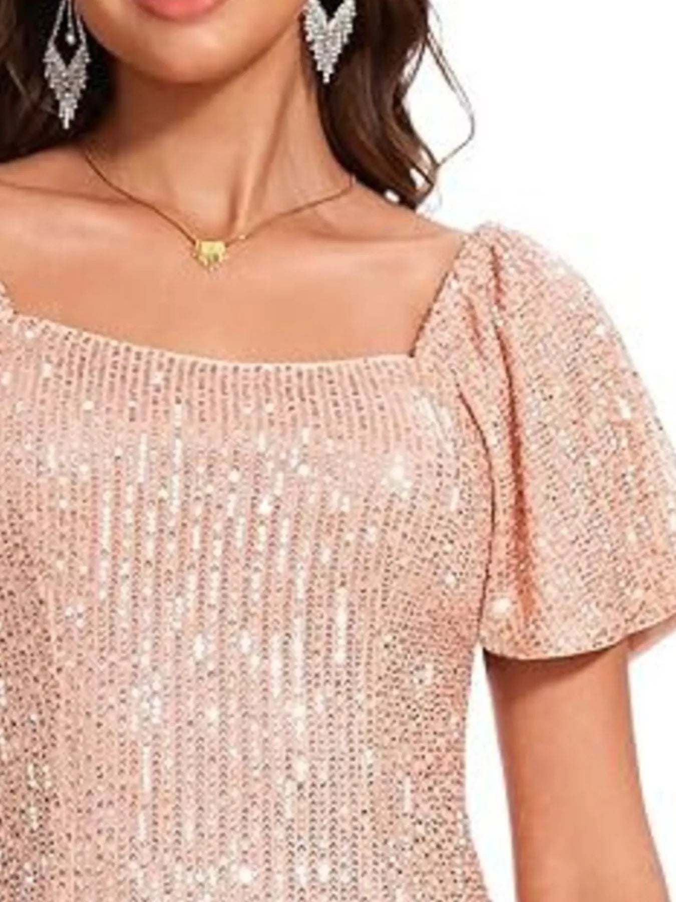 Square Neck Sequin Short Sleeve Blouse