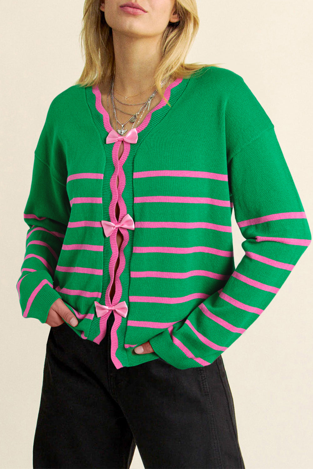 Chic Bow Striped V-Neck Cardigan - Cozy, Trendy, Fashionable