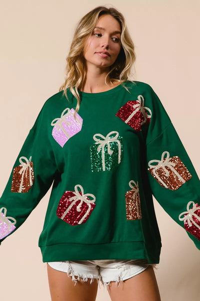 BiBi Sequin Christmas Gift Box Embroideries Pullover