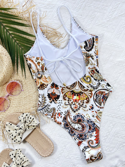 Chic Printed Tie Back Scoop Neck One-Piece Swimsuit