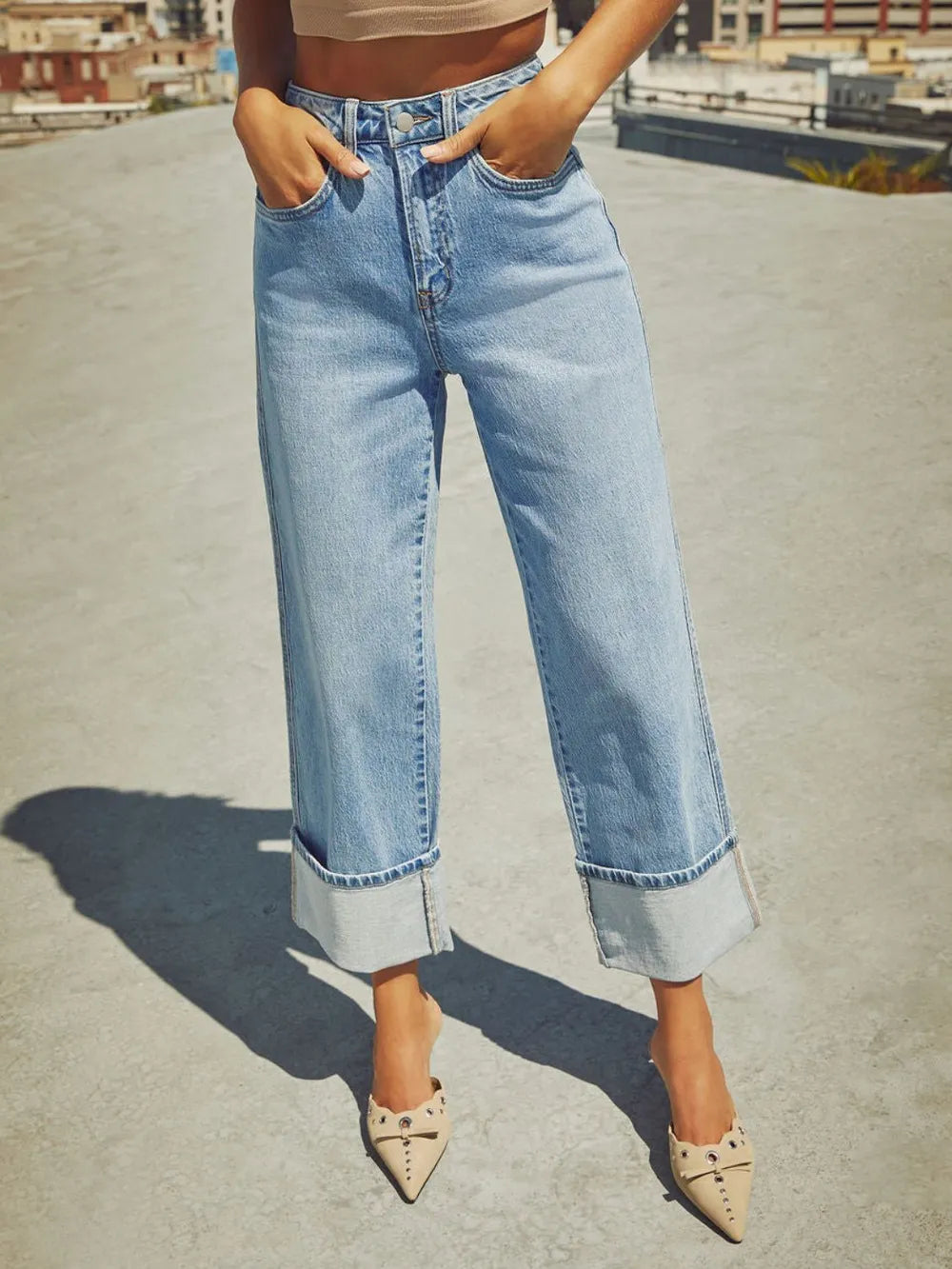 High Waisted Straight Leg Rolled Jeans