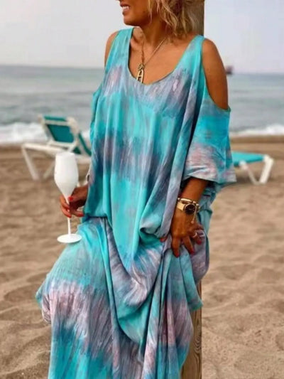 Plus Size Tie-Dye Cold Shoulder Maxi Dress