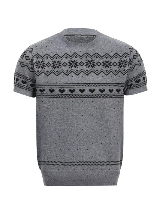 Men's Short-Sleeve Knit Top with Fair Isle and Heart Pattern