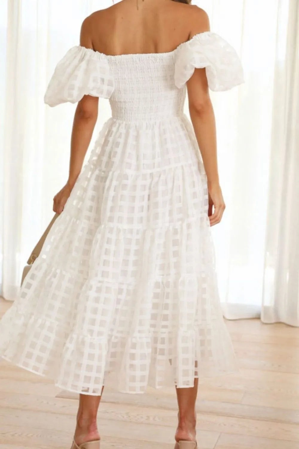 Off Shoulder Short Puff Sleeve Midi Dress