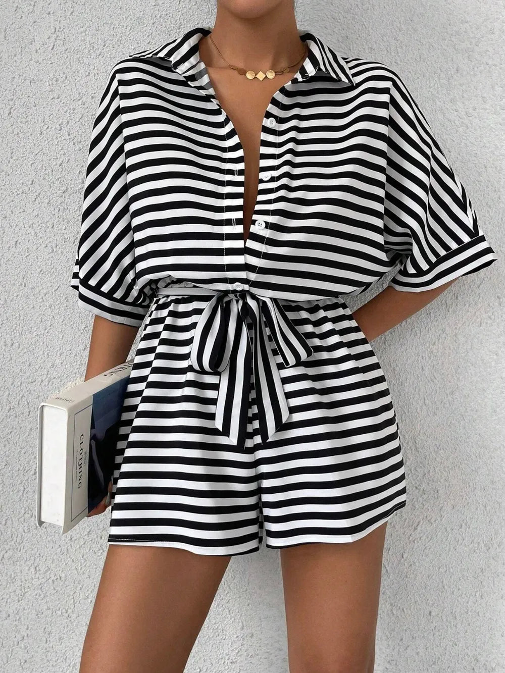 Tie Waist Half Button Striped Romper