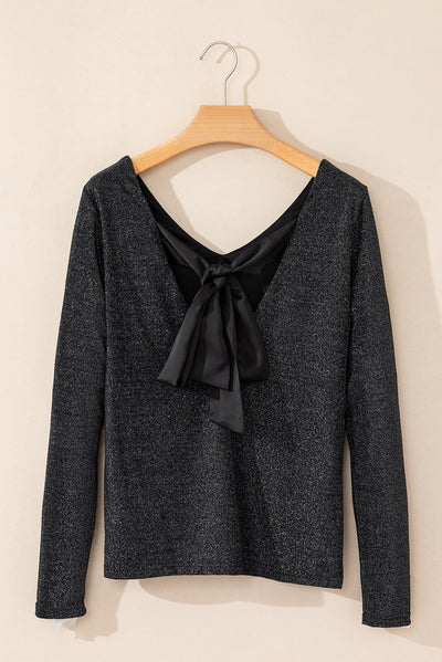 Elegant Bowknot V-Neck Blouse in Shimmering Red Fabric