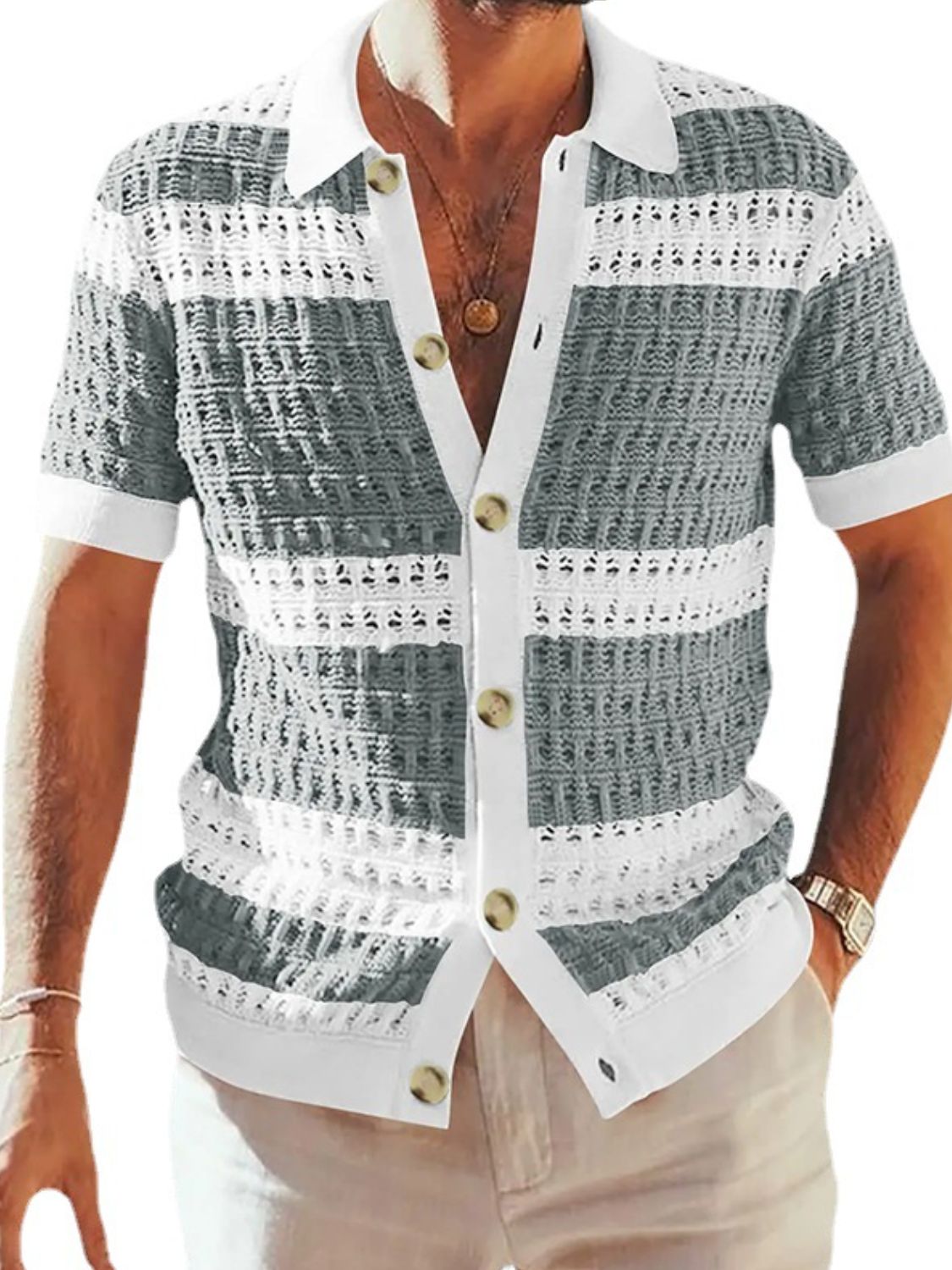 Men's Button Down Collared Neck Contrast Openwork Shirt Style