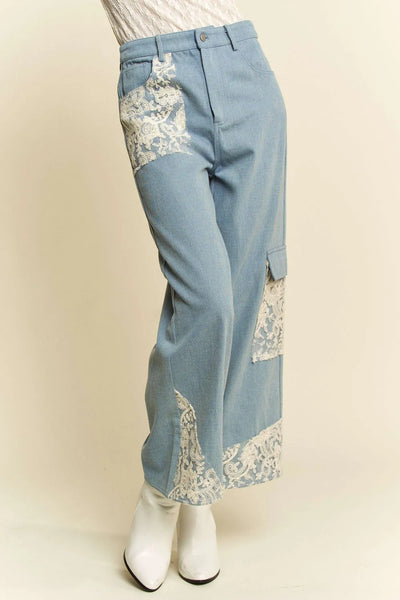 Davi & Dani Lace Applique Wide Leg Jeans