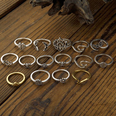 Trendy Alloy Multi Shapes 15-Piece Fashion Ring Set