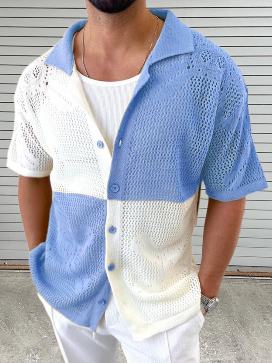 Men's Contrast Button Down Hollow Out Shirt for Stylish Comfort