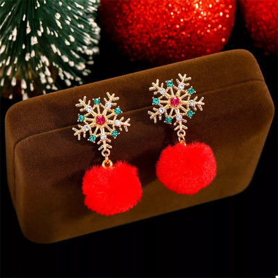 Christmas Snowflake Pom Pom Drop Earrings
