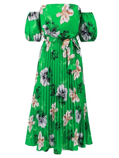 Pleated Floral Off-Shoulder Short Sleeve Midi Dress
