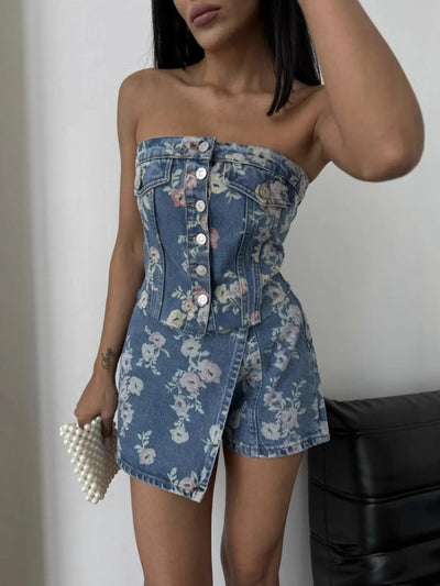 Floral Print Strapless Top and Skort Denim Set