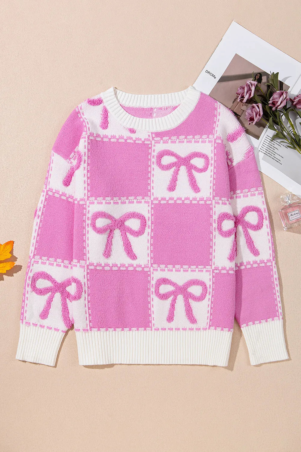 Cozy Soft Pink Bow Round Neck Long Sleeve Sweater