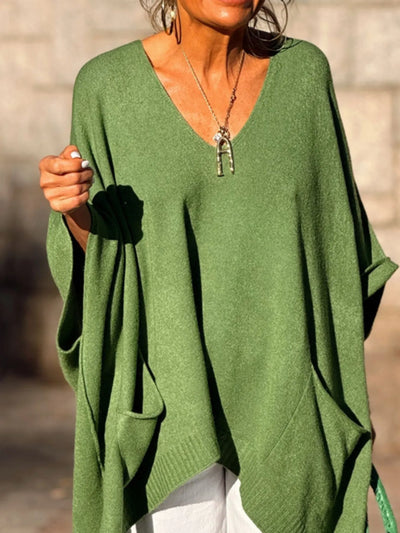 Ribbed Hem V-Neck Sweater