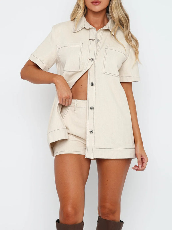 Button Up Short Sleeve Top and Shorts Denim Set