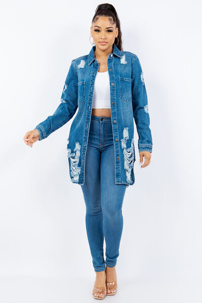 Chic Distressed Denim Jacket - Trendy Button-Up Long Sleeve Style
