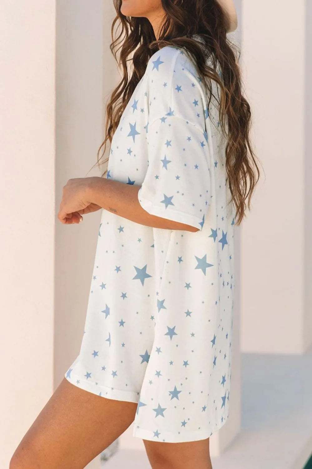 Stars Print Drop Shoulder Oversized T Shirt with Slits