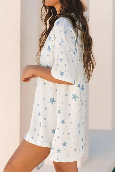 Stars Print Drop Shoulder Oversized T Shirt with Slits