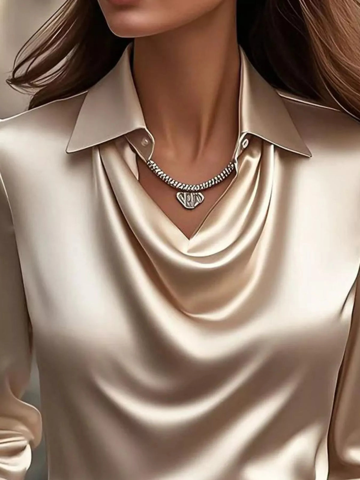Ruched Long Sleeve Drape Collar Blouse