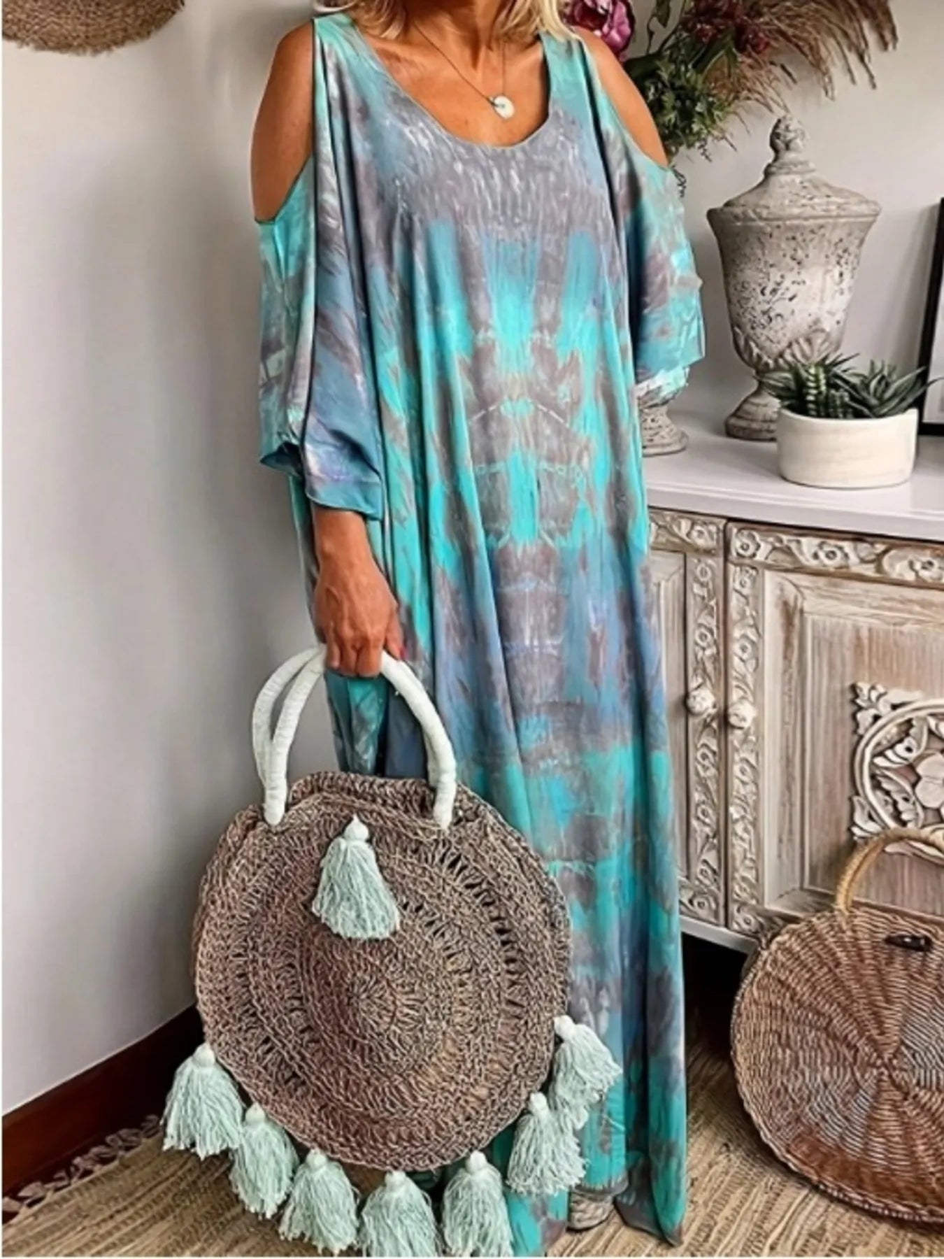 Plus Size Tie-Dye Cold Shoulder Maxi Dress