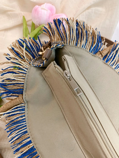 Round Woven Straw Tassel Handbag