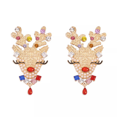 Christmas Reindeer Earrings with Colorful Rhinestones