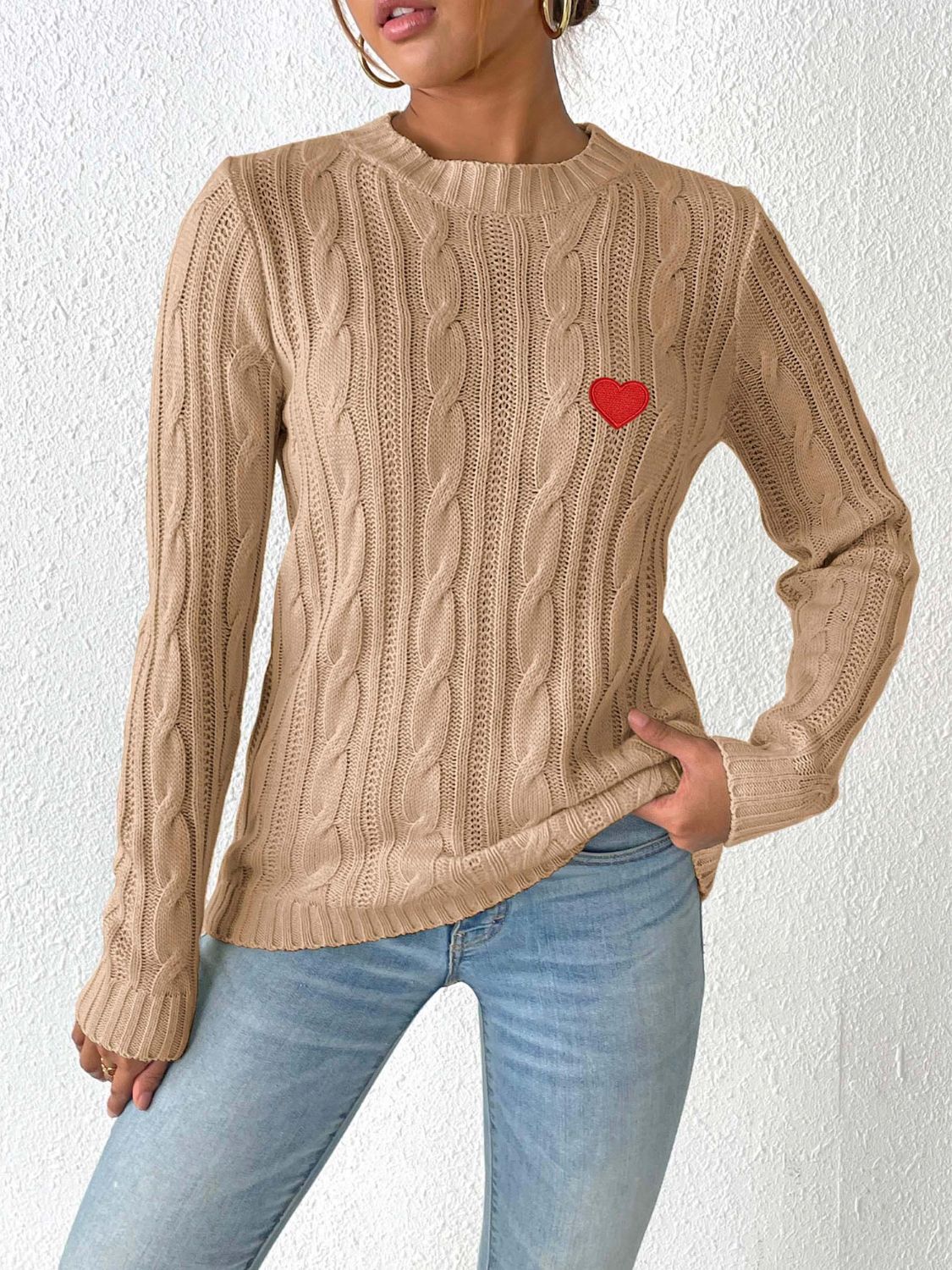 Cozy Cable-Knit Heart Sweater in Soft Pink with Long Sleeves