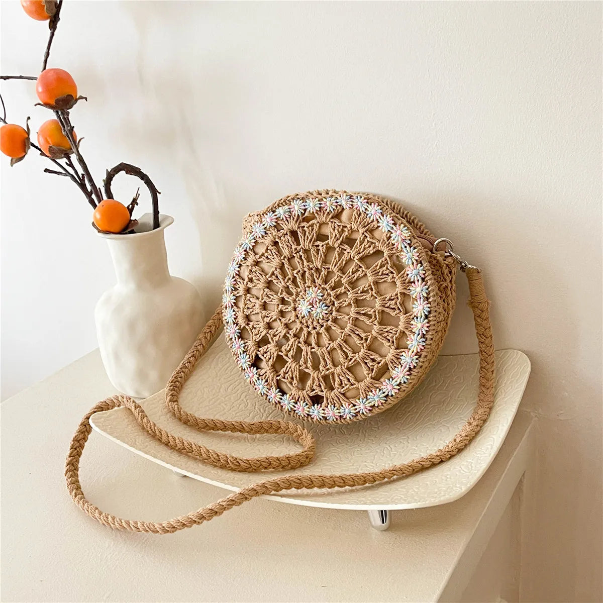 Handmade Round Crochet Straw Handbag