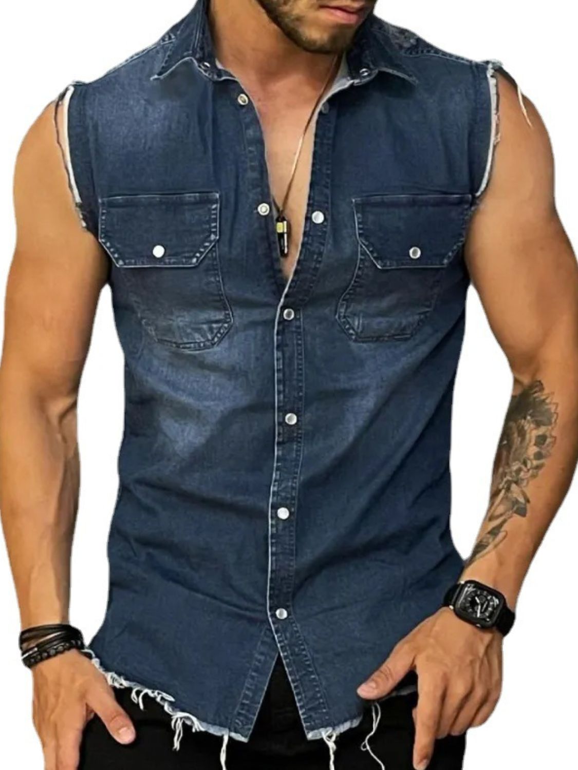 Men's Snap Down Sleeveless Denim Shirt for Casual Style