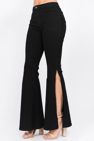 Modern Flare Jeans with Stylish Side Slits in Versatile Black