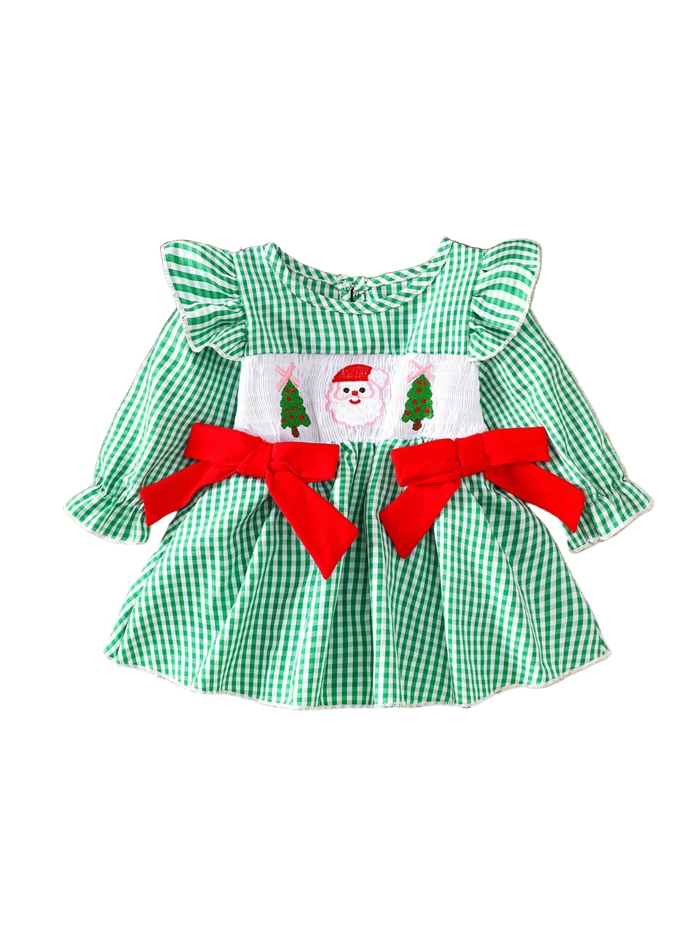 Children's Christmas Santa Embroidered Gingham One-Piece Bodysuit Dress