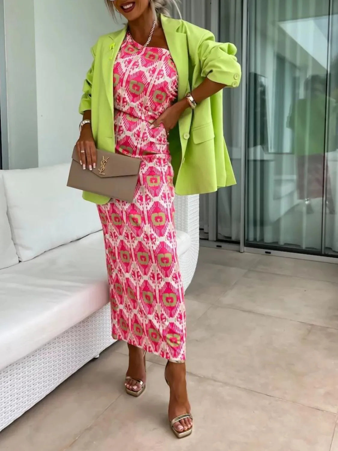 Slit Printed Single Shoulder Midi Dress