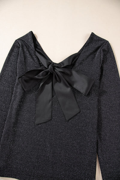 Elegant Bowknot V-Neck Blouse in Shimmering Red Fabric