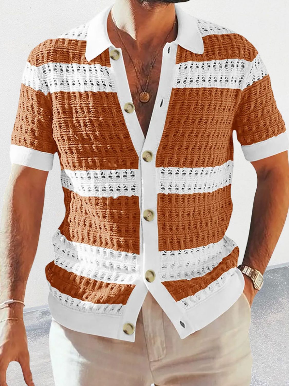 Men's Button Down Collared Neck Contrast Openwork Shirt Style