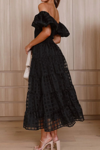 Off Shoulder Short Puff Sleeve Midi Dress
