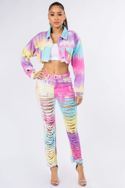Vibrant Tie-Dye Cropped Denim Jacket with Distressed Back