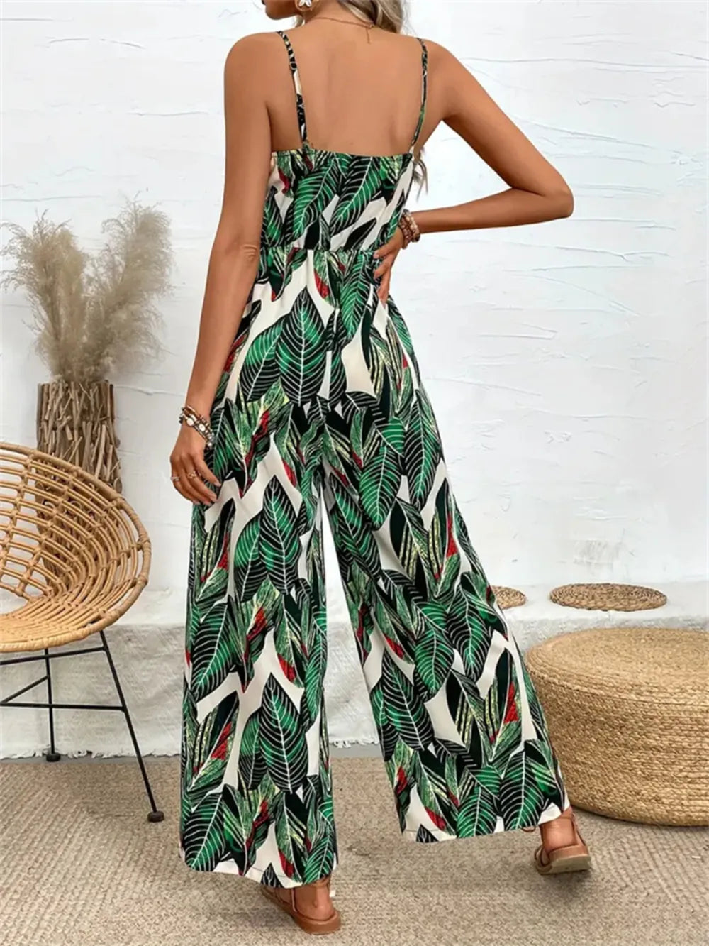 Tropical Print Spaghetti Strap Wide Leg Jumpsuit